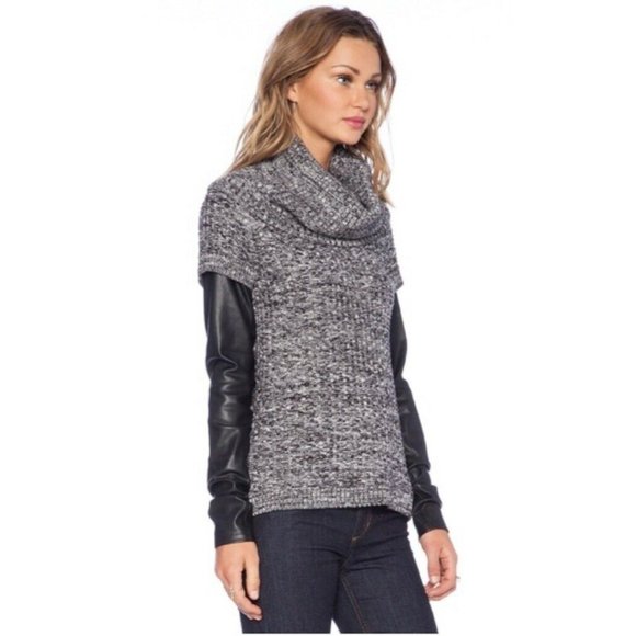 BLANKNYC Womens Pullover Sweater Black Marled Vegan Leather Sleeve Cowl Neck S - Picture 2 of 10